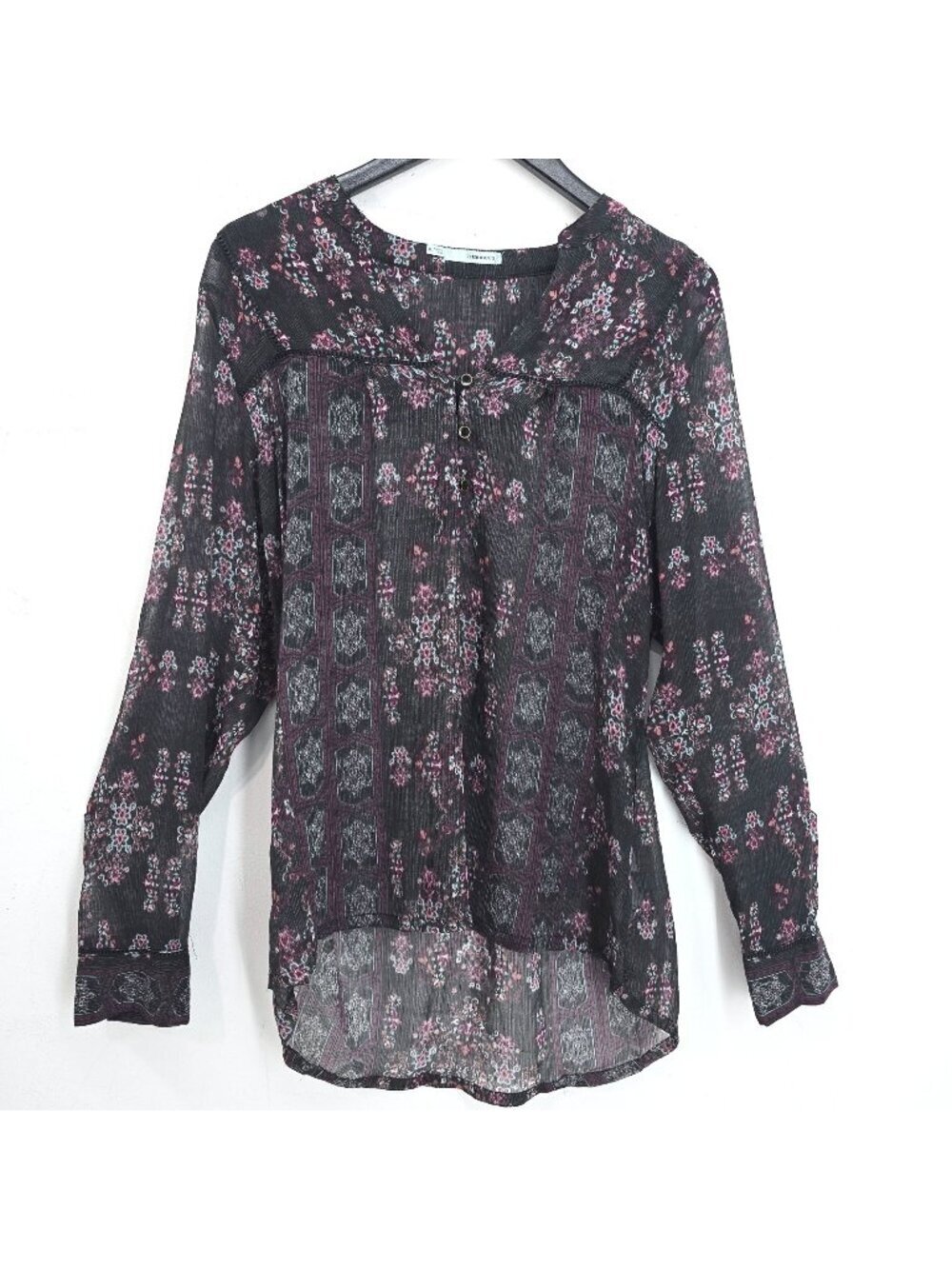 Maurices Black Ditsy Floral Whimsigoth Peasant Long Sleeve Gauzy Top Women XL
